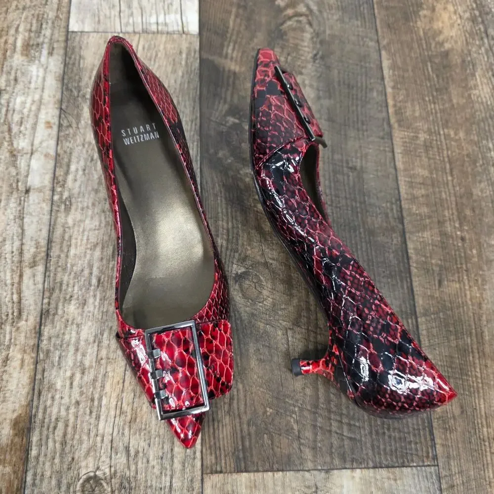 Stuart Weitzman Red Snake Print Pumps 7.5 M Kitten Heel Buckle Pointed Toe Y2K